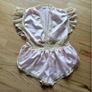 vtg Lily of France silky satin pink one piece romper sexy lace lingerie‎ small